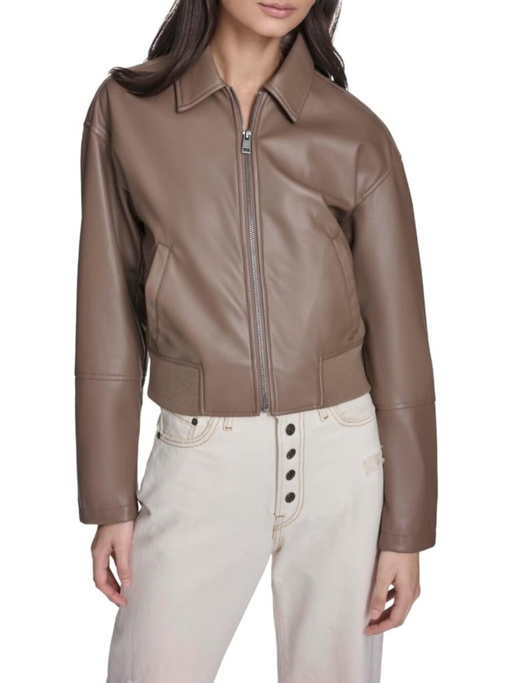 Chic Women's Faux Leather Bomber Jacket with Laydown Collar - Stylish & Trendy